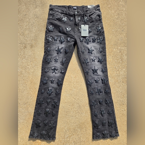 Rehype Black Star-Embellished Flare Fit Jeans Sz 36 X 34